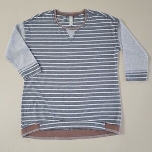 Cato Gray Striped Mixed Media Crewneck Sweatshirt